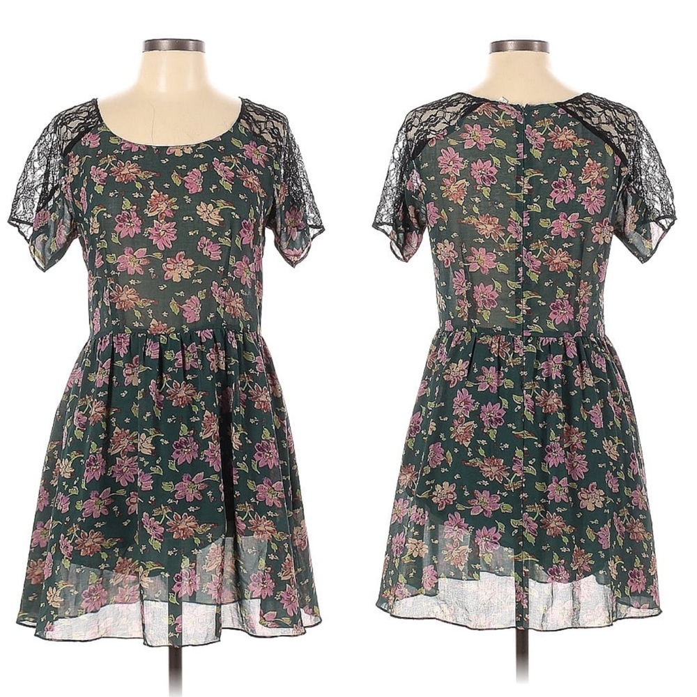 Juniors Mini Dress Sz Large Green Floral Sheer Lace Short Sleeve Prairie Cottage